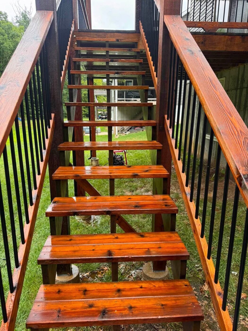 Wooden deck stairs washed clean, the cedar boards rich and warm with water still on them