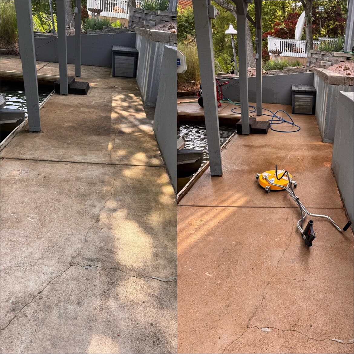 Side-by-side of a lakeside dock walkway, dirty on the left and cleaned on the right with a yellow surface cleaner sitting on the concrete